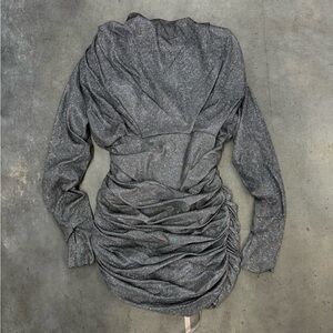 House of CB Silver Glitter Ruched Mini Dress Long Sleeve NWT L+